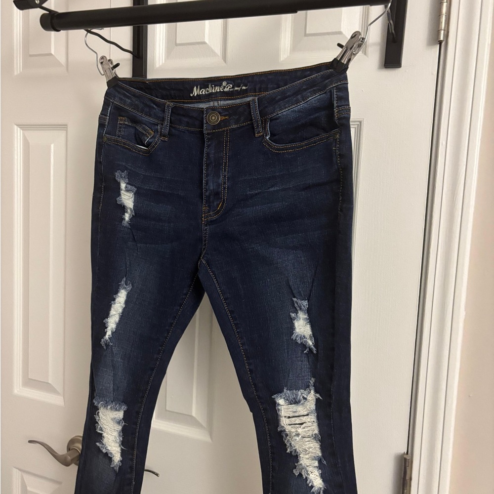 Machine Women's Distressed Dark Blue Skinny Jeans - Picture 4 of 9